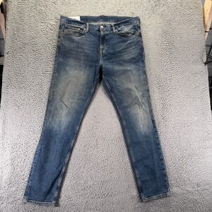 H&M Jeans Mens 38x32 Blue Cotton Denim Straight Slim Fit Faded Whiskered Stretch